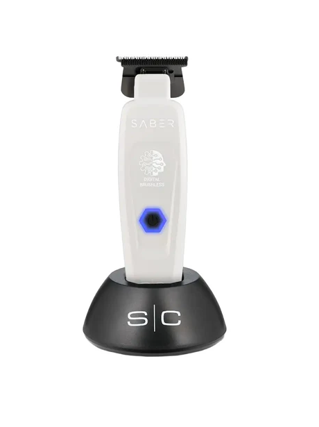 Hair trimmer with charging stand on a white background
