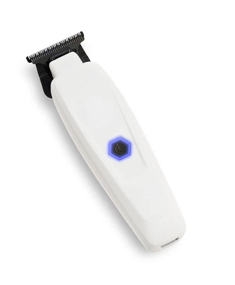 White hair trimmer with black top on a white background
