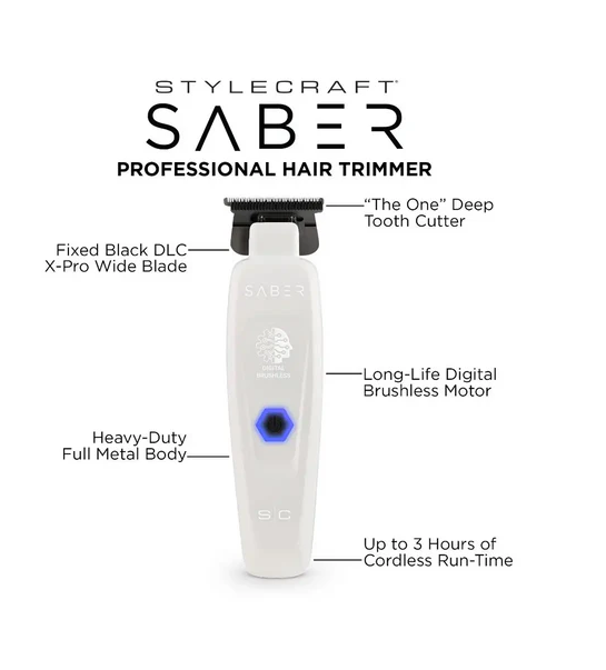 Stylecraft Saber professional hair trimmer with features highlighted on a white background