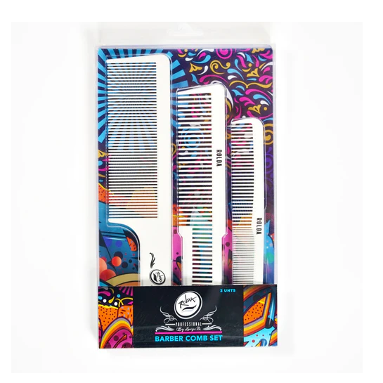 Rolda Barber comb set packaging with colorful design on a white background