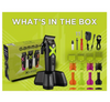 Hair clipper set with accessories on a green background