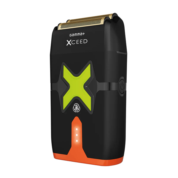 Black electric shaver with green and orange accents on a white background