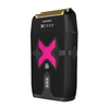 Black electric shaver with pink 'X' design on a white background