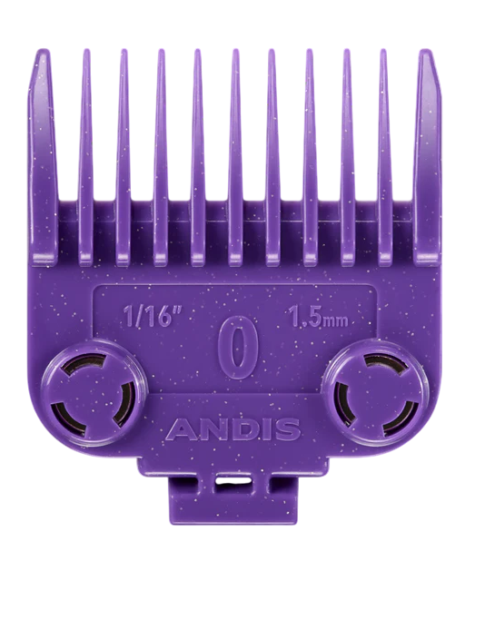 Purple comb attachment with 'Andis' branding on a white background
