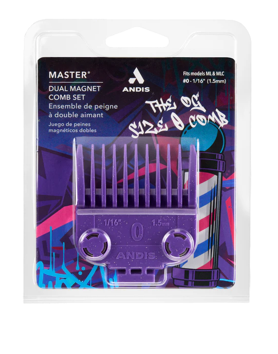 Andis dual magnet comb set packaging with purple comb and blue label on a white background